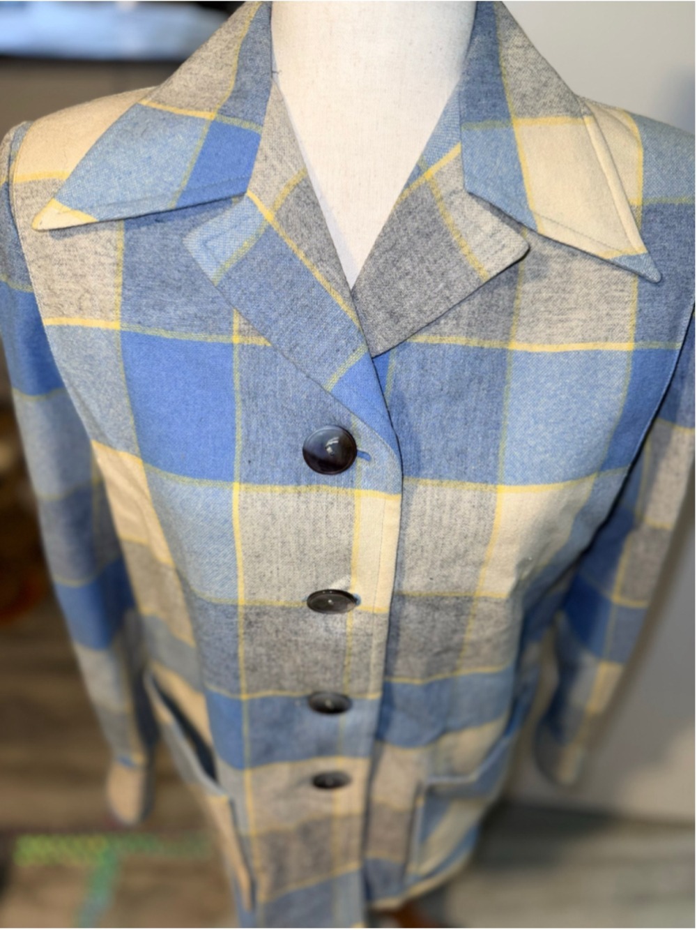 Vintage 1950s Pendleton Womens '49er Wool Jacket Plaid Gray Yellow Blue Padded S - Picture 3 of 12